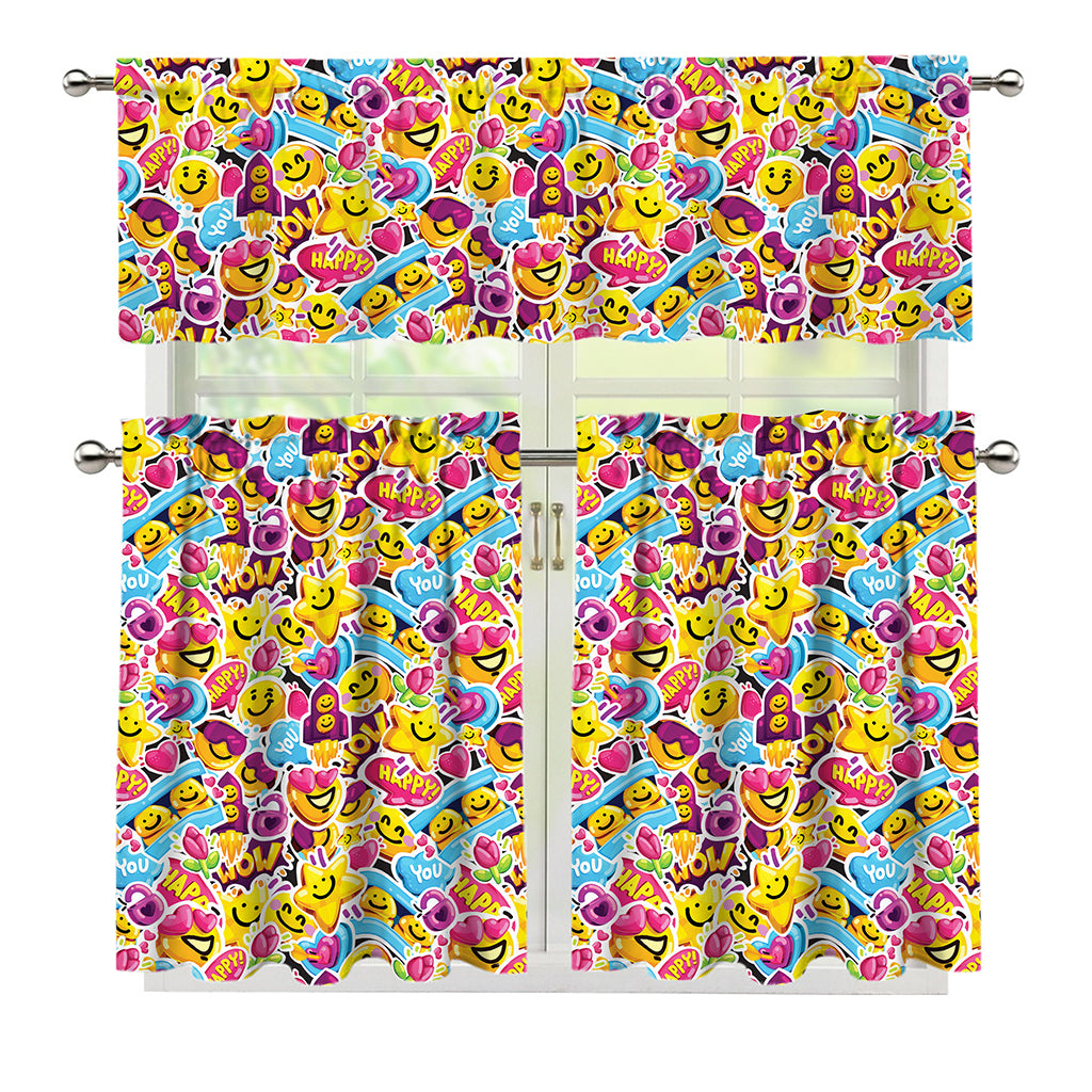 Smiley Faces Emoji Pattern Print 3 Piece Kitchen Curtains