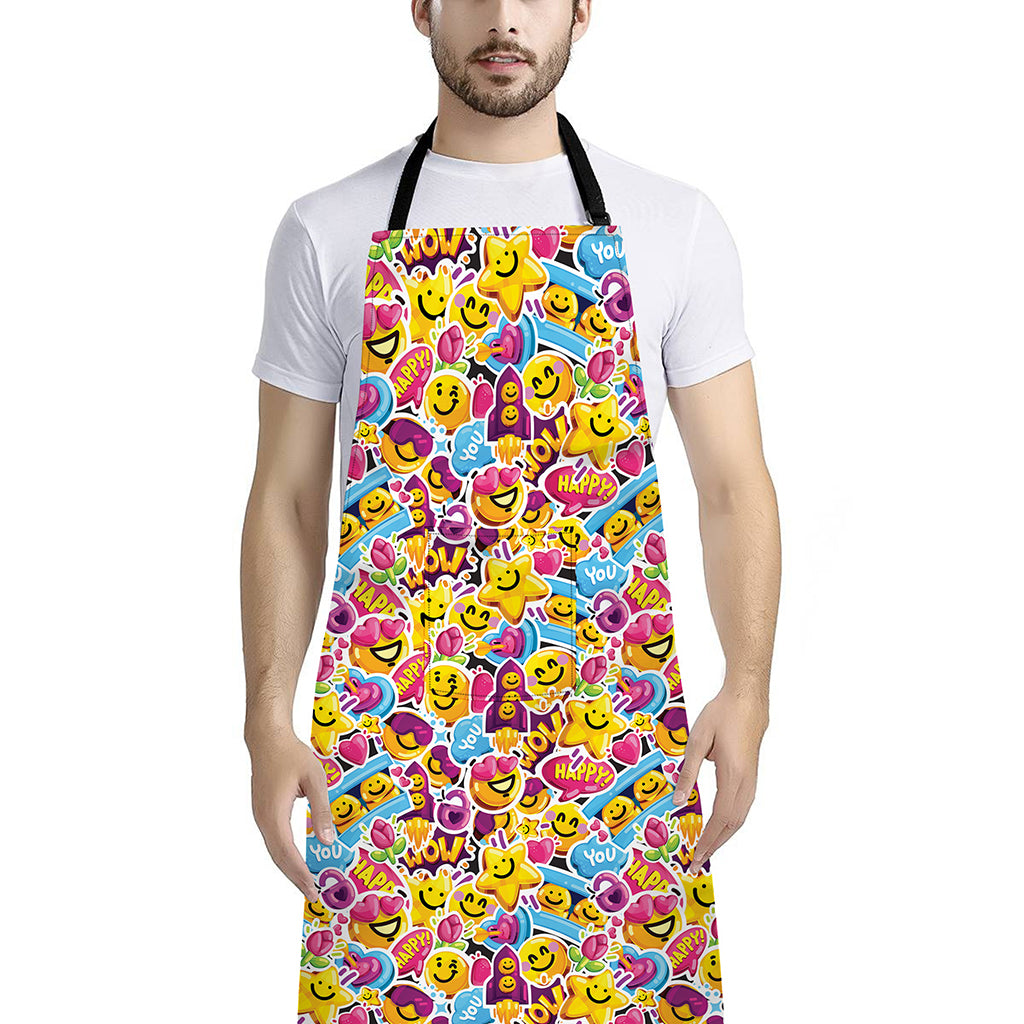 Smiley Faces Emoji Pattern Print Bib Apron With Pocket