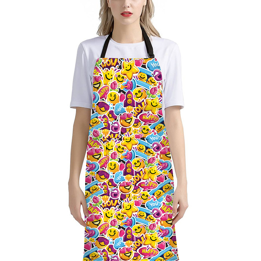 Smiley Faces Emoji Pattern Print Bib Apron With Pocket