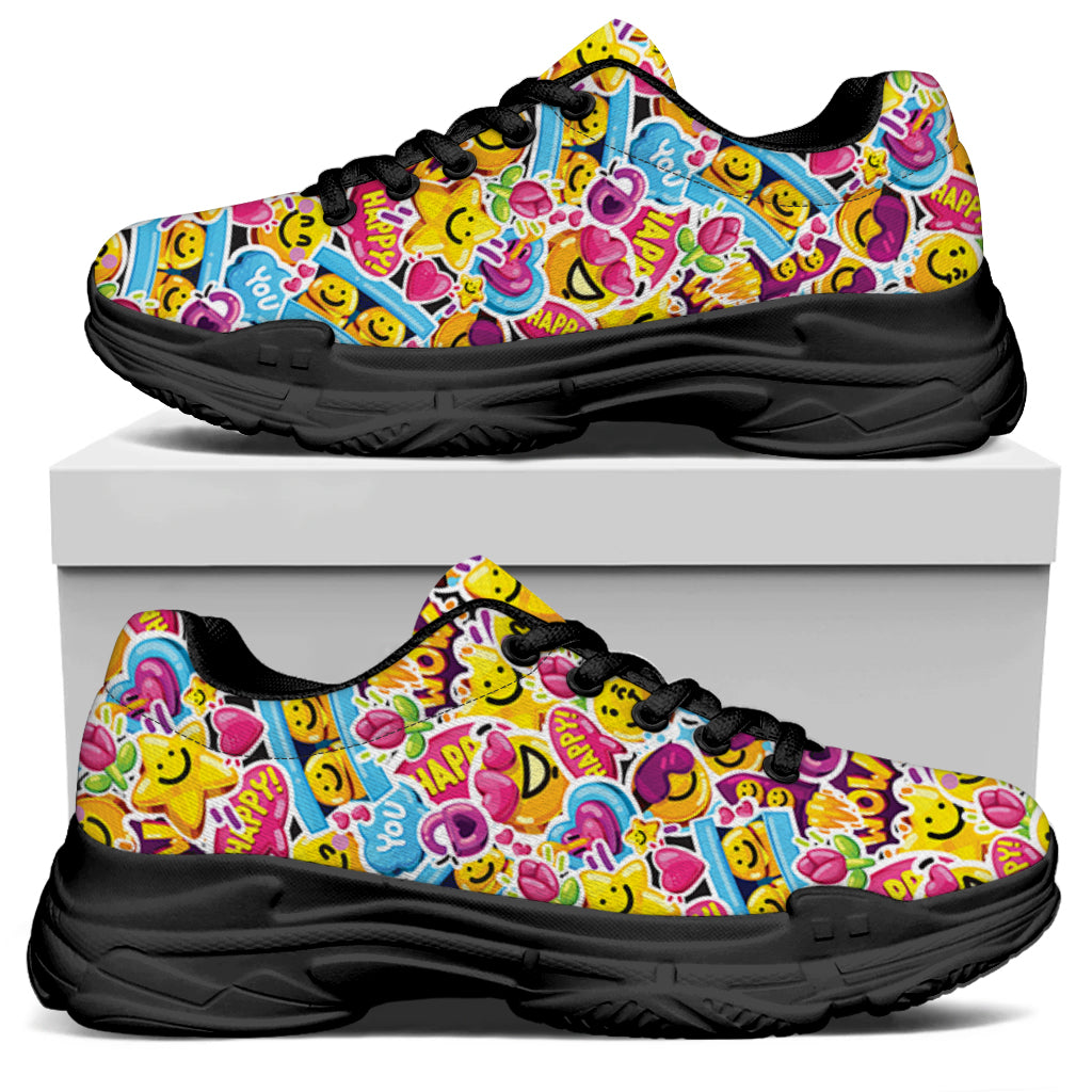 Smiley Faces Emoji Pattern Print Black Chunky Shoes