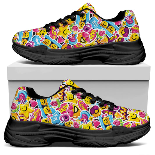 Smiley Faces Emoji Pattern Print Black Chunky Shoes