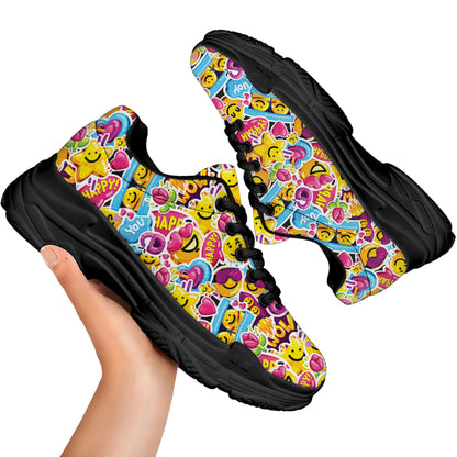 Smiley Faces Emoji Pattern Print Black Chunky Shoes