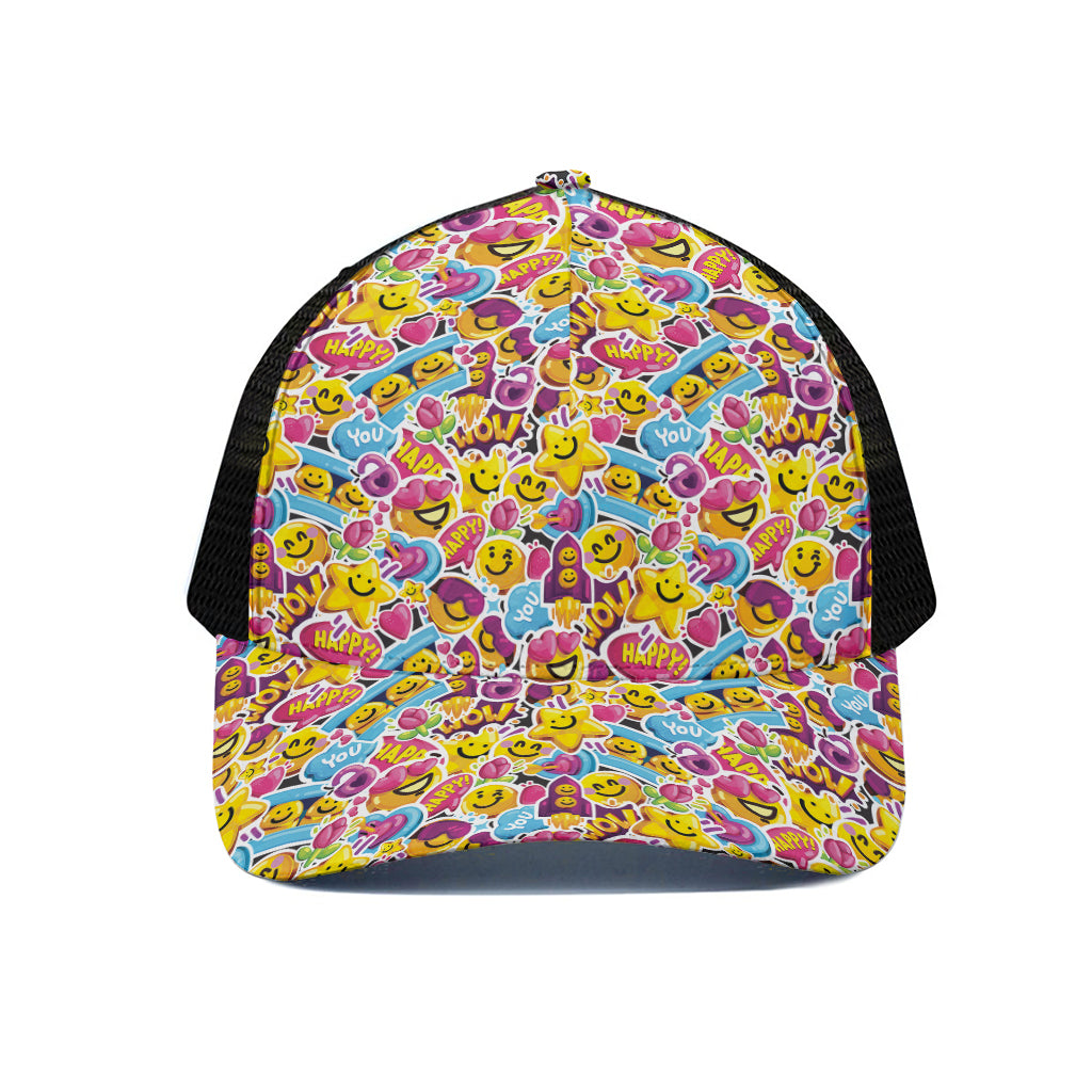 Smiley Faces Emoji Pattern Print Black Mesh Trucker Cap