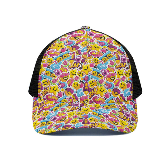 Smiley Faces Emoji Pattern Print Black Mesh Trucker Cap