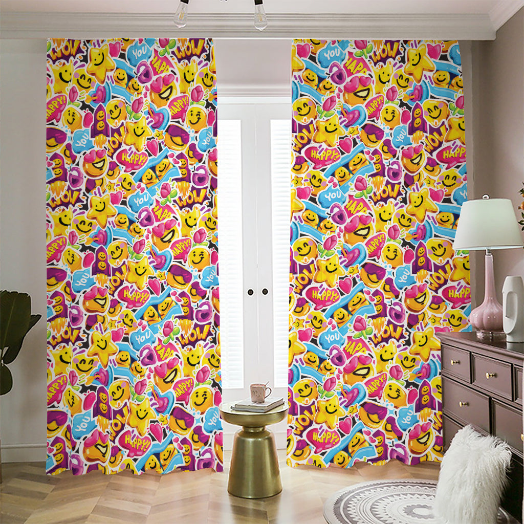 Smiley Faces Emoji Pattern Print Blackout Pencil Pleat Curtains