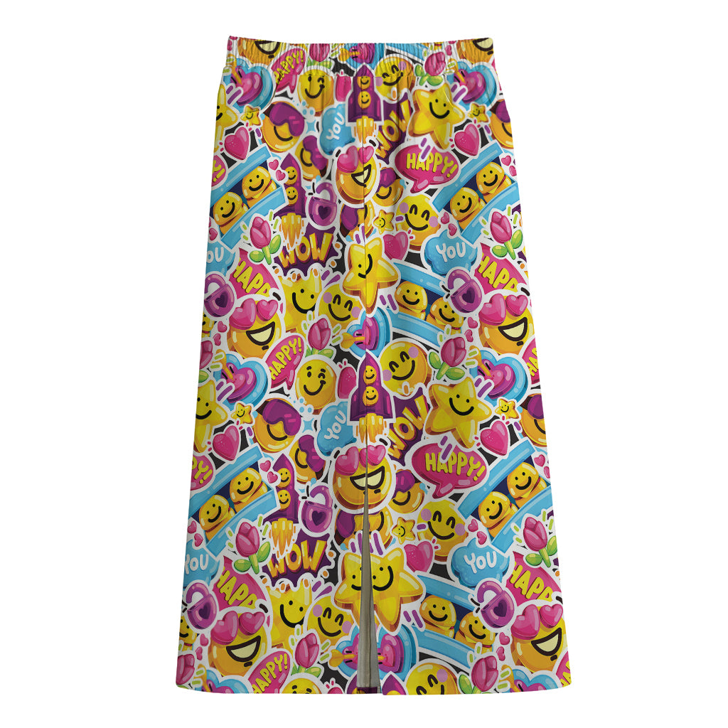 Smiley Faces Emoji Pattern Print Cotton Front Slit Maxi Skirt