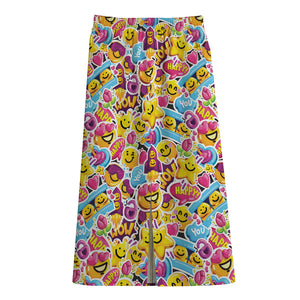 Smiley Faces Emoji Pattern Print Cotton Front Slit Maxi Skirt