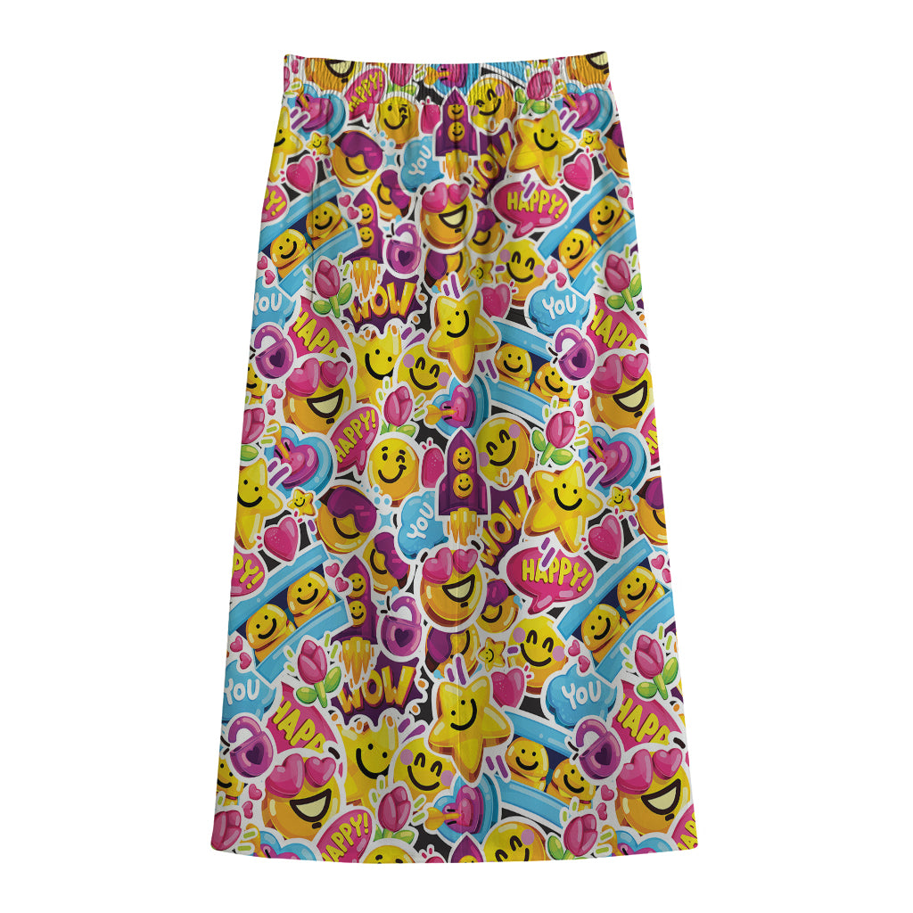 Smiley Faces Emoji Pattern Print Cotton Front Slit Maxi Skirt