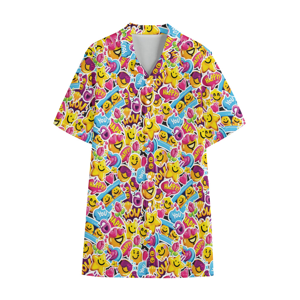 Smiley Faces Emoji Pattern Print Cotton Hawaiian Shirt