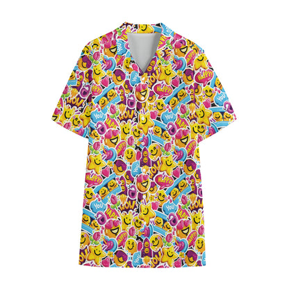 Smiley Faces Emoji Pattern Print Cotton Hawaiian Shirt