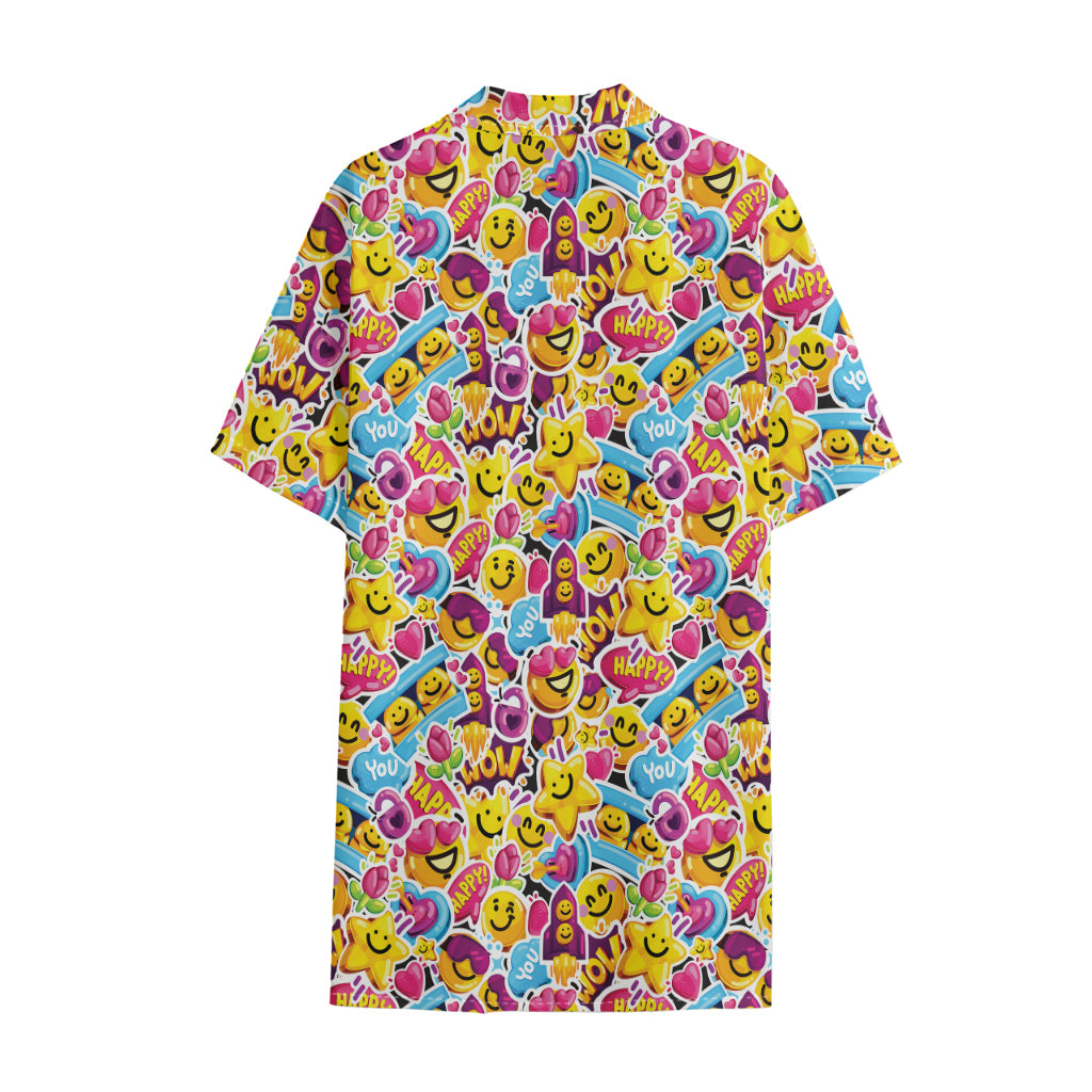 Smiley Faces Emoji Pattern Print Cotton Hawaiian Shirt