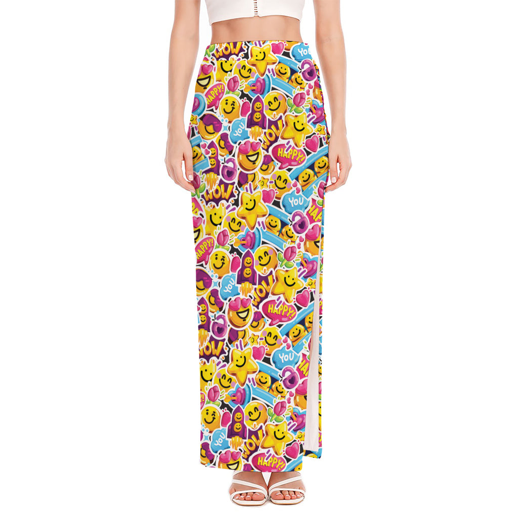 Smiley Faces Emoji Pattern Print High Slit Maxi Skirt