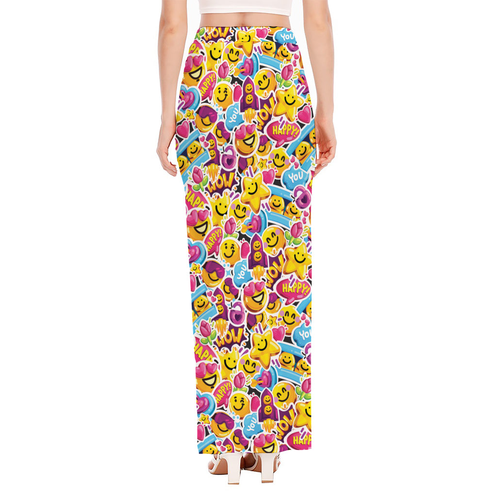 Smiley Faces Emoji Pattern Print High Slit Maxi Skirt