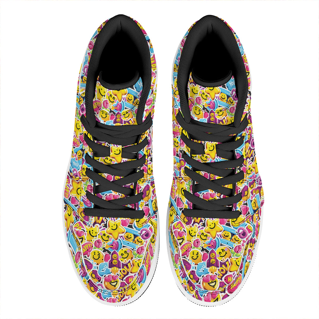 Smiley Faces Emoji Pattern Print High Top Leather Sneakers