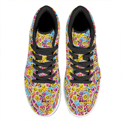 Smiley Faces Emoji Pattern Print High Top Leather Sneakers