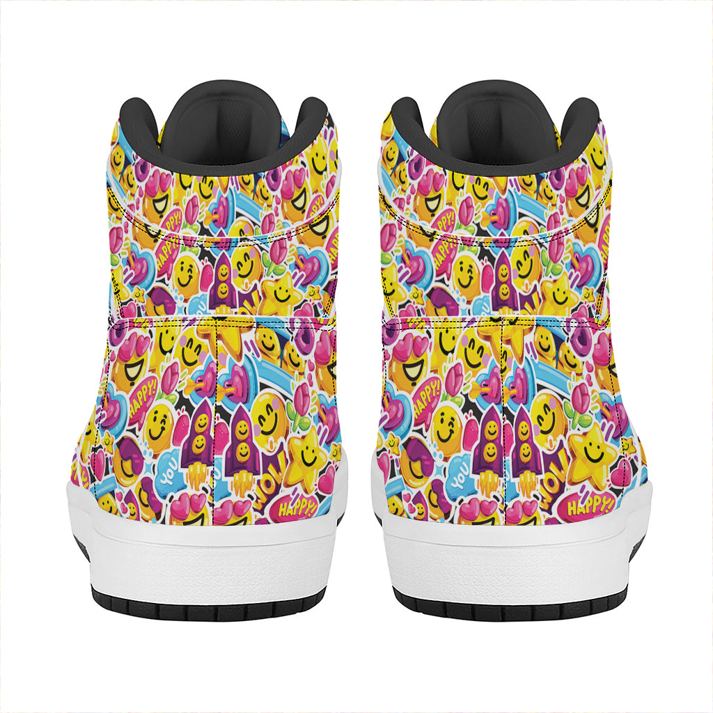 Smiley Faces Emoji Pattern Print High Top Leather Sneakers