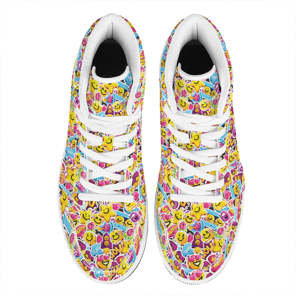 Smiley Faces Emoji Pattern Print High Top Leather Sneakers