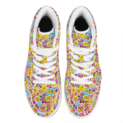 Smiley Faces Emoji Pattern Print High Top Leather Sneakers