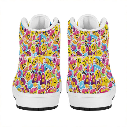Smiley Faces Emoji Pattern Print High Top Leather Sneakers