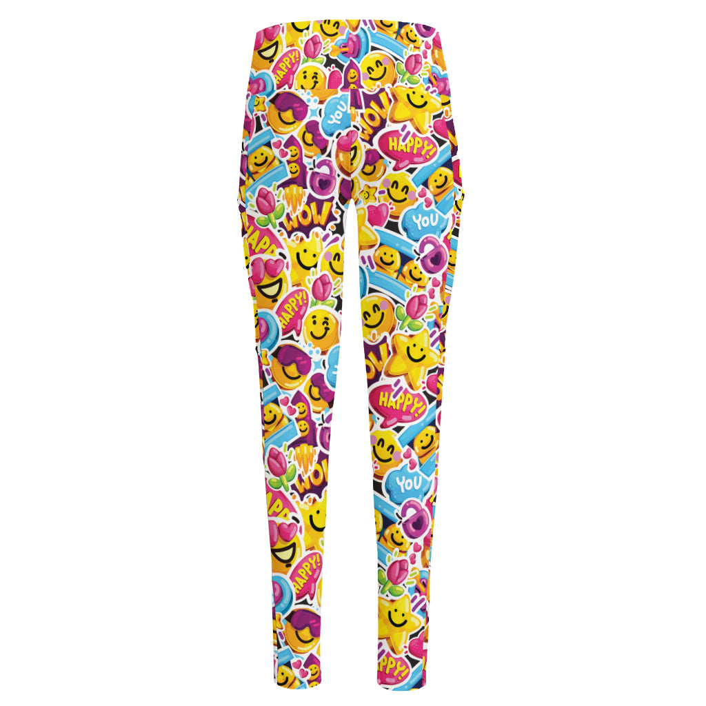 Smiley Faces Emoji Pattern Print High-Waisted Pocket Leggings