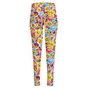 Smiley Faces Emoji Pattern Print High-Waisted Pocket Leggings