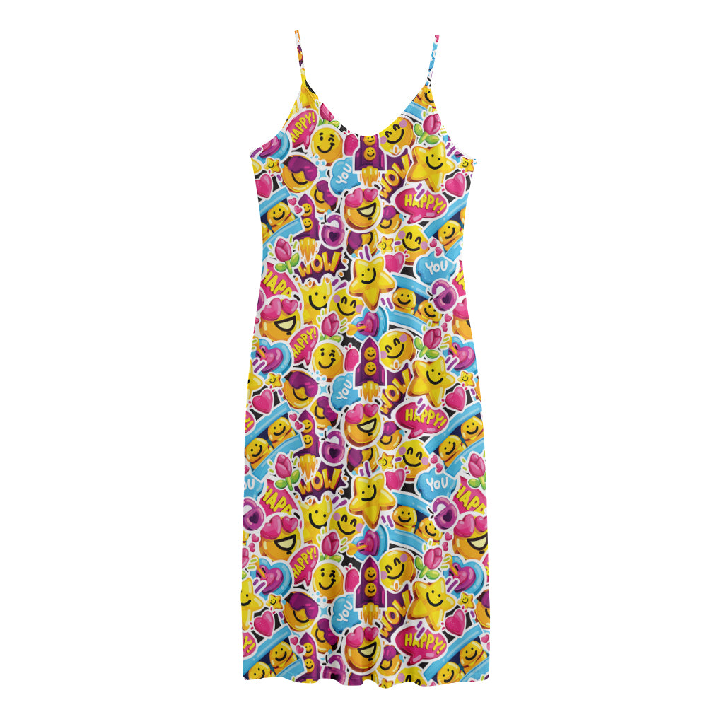 Smiley Faces Emoji Pattern Print Jersey Midi Cami Dress