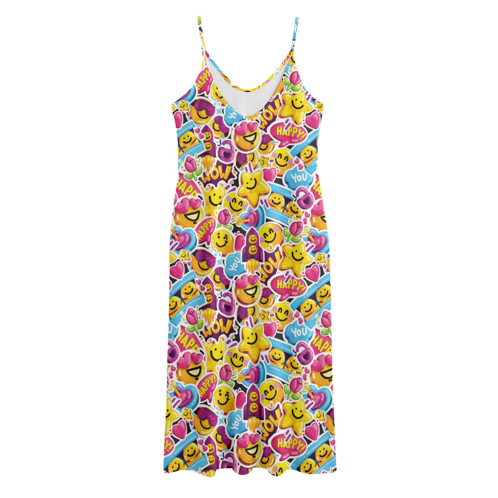 Smiley Faces Emoji Pattern Print Jersey Midi Cami Dress