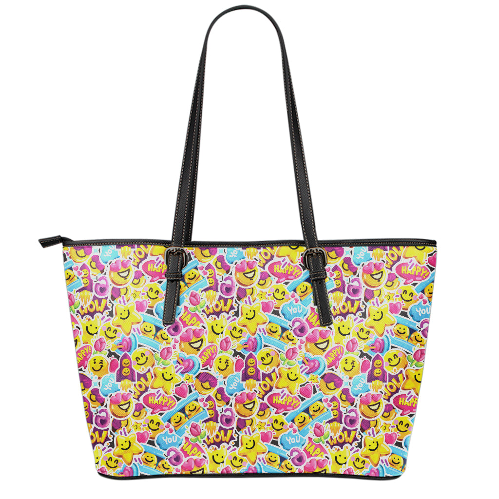 Smiley Faces Emoji Pattern Print Leather Tote Bag