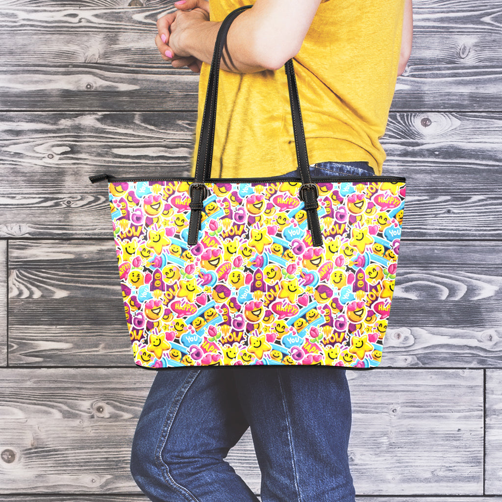 Smiley Faces Emoji Pattern Print Leather Tote Bag