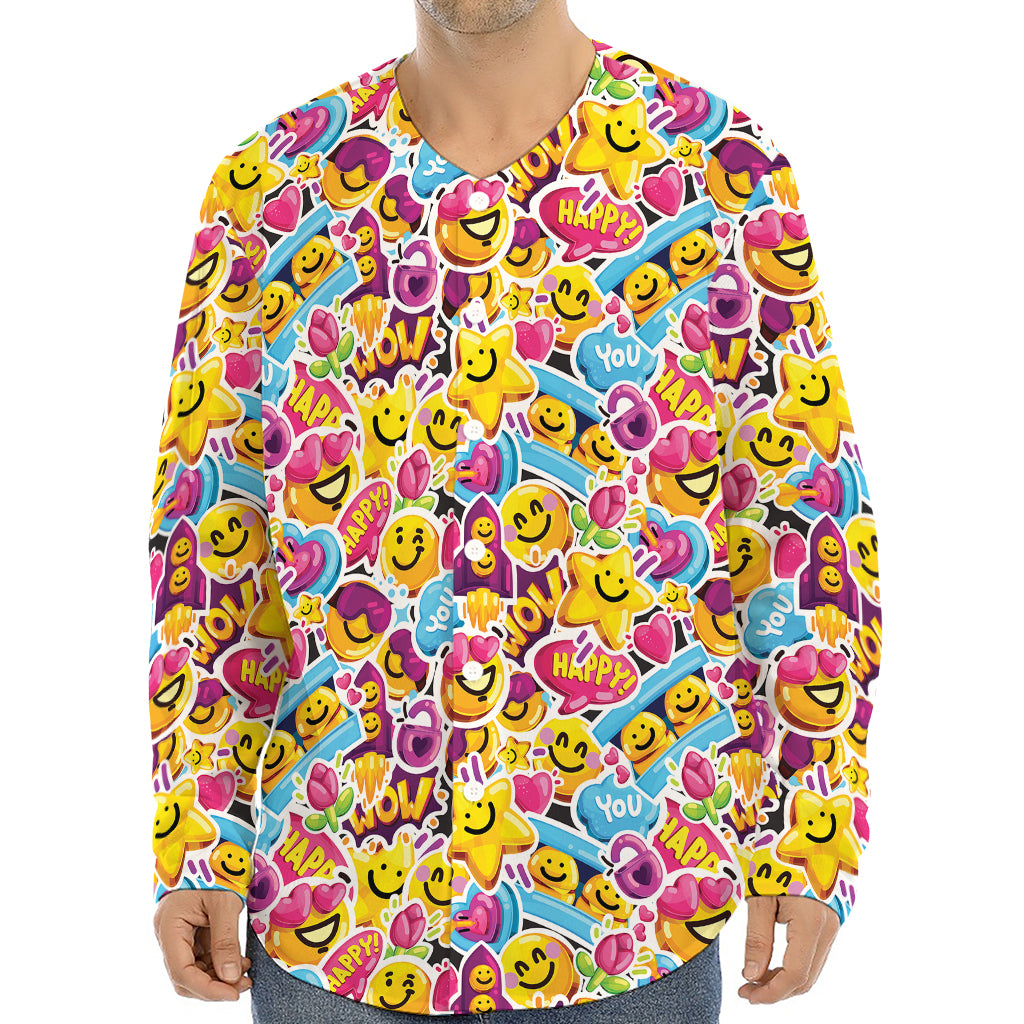 Smiley Faces Emoji Pattern Print Long Sleeve Baseball Jersey