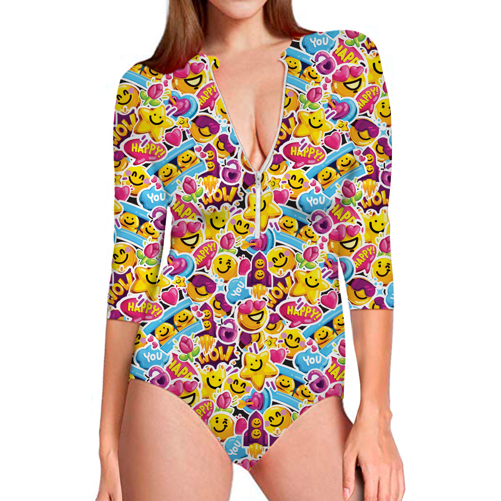 Smiley Faces Emoji Pattern Print Long Sleeve Swimsuit