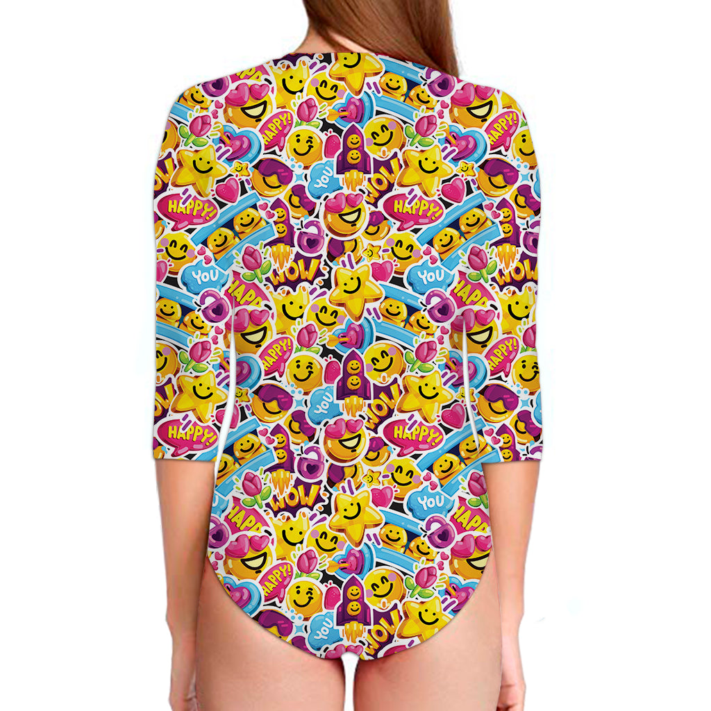 Smiley Faces Emoji Pattern Print Long Sleeve Swimsuit