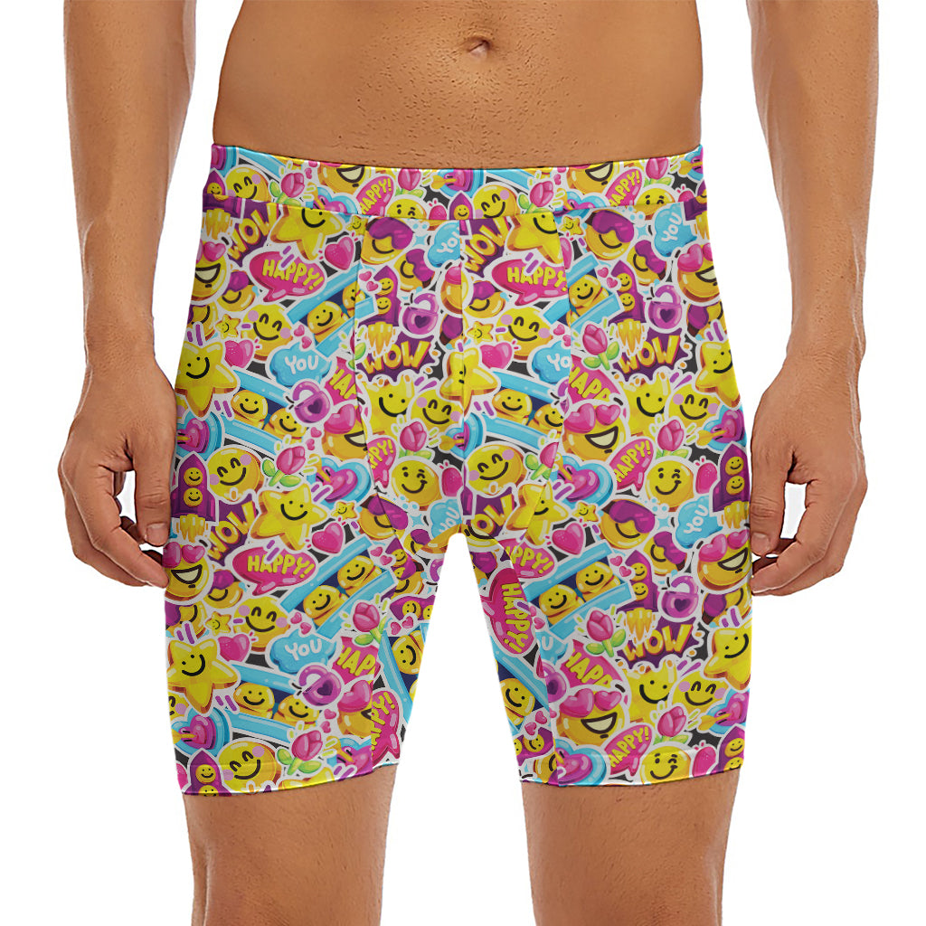 Smiley Faces Emoji Pattern Print Men's Long Boxer Briefs