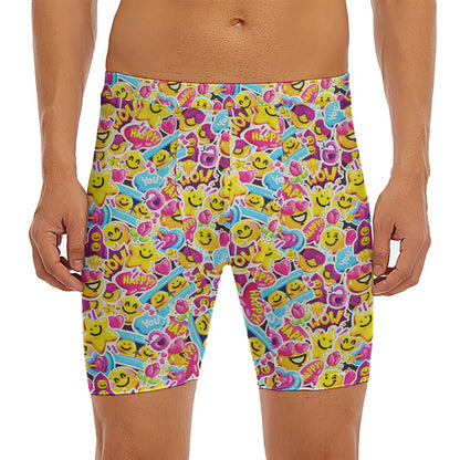 Smiley Faces Emoji Pattern Print Men's Long Boxer Briefs