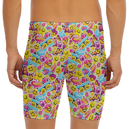 Smiley Faces Emoji Pattern Print Men's Long Boxer Briefs