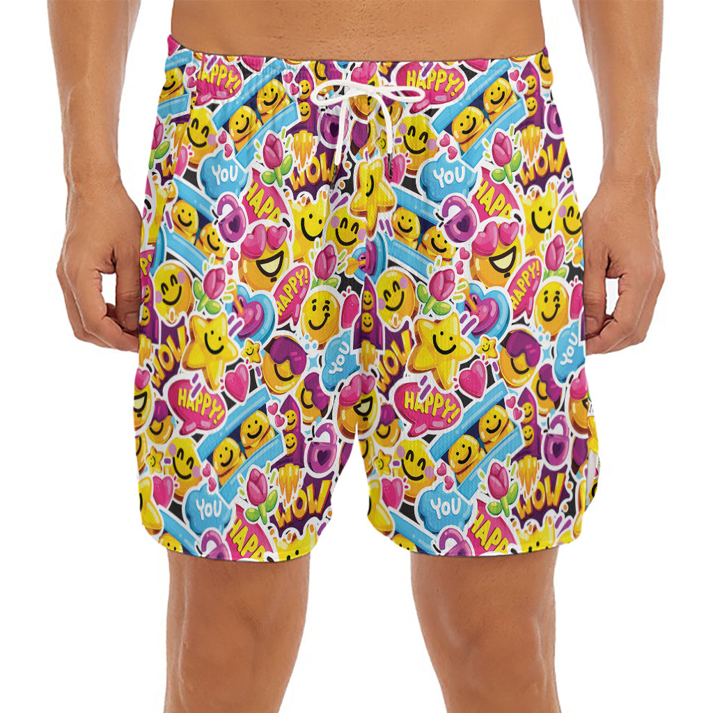 Smiley Faces Emoji Pattern Print Men's Split Running Shorts
