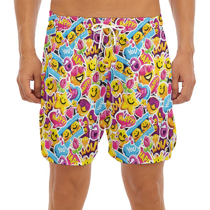 Smiley Faces Emoji Pattern Print Men's Split Running Shorts