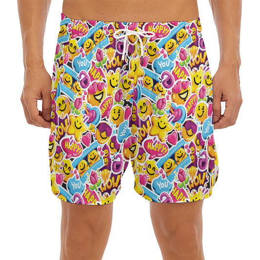 Smiley Faces Emoji Pattern Print Men's Split Running Shorts