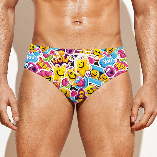 Smiley Faces Emoji Pattern Print Men's Swim Briefs
