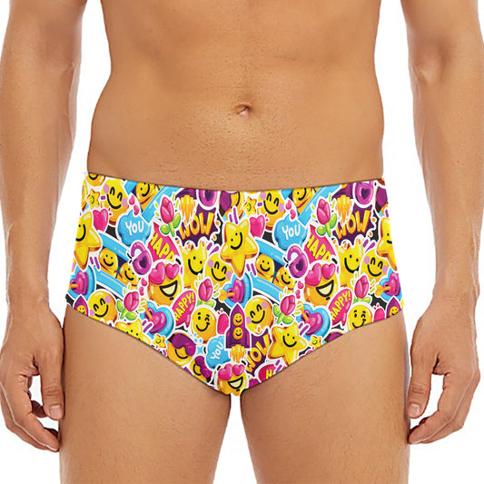 Smiley Faces Emoji Pattern Print Men's Triangle Swim Briefs
