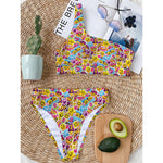 Smiley Faces Emoji Pattern Print One Shoulder Bikini Top