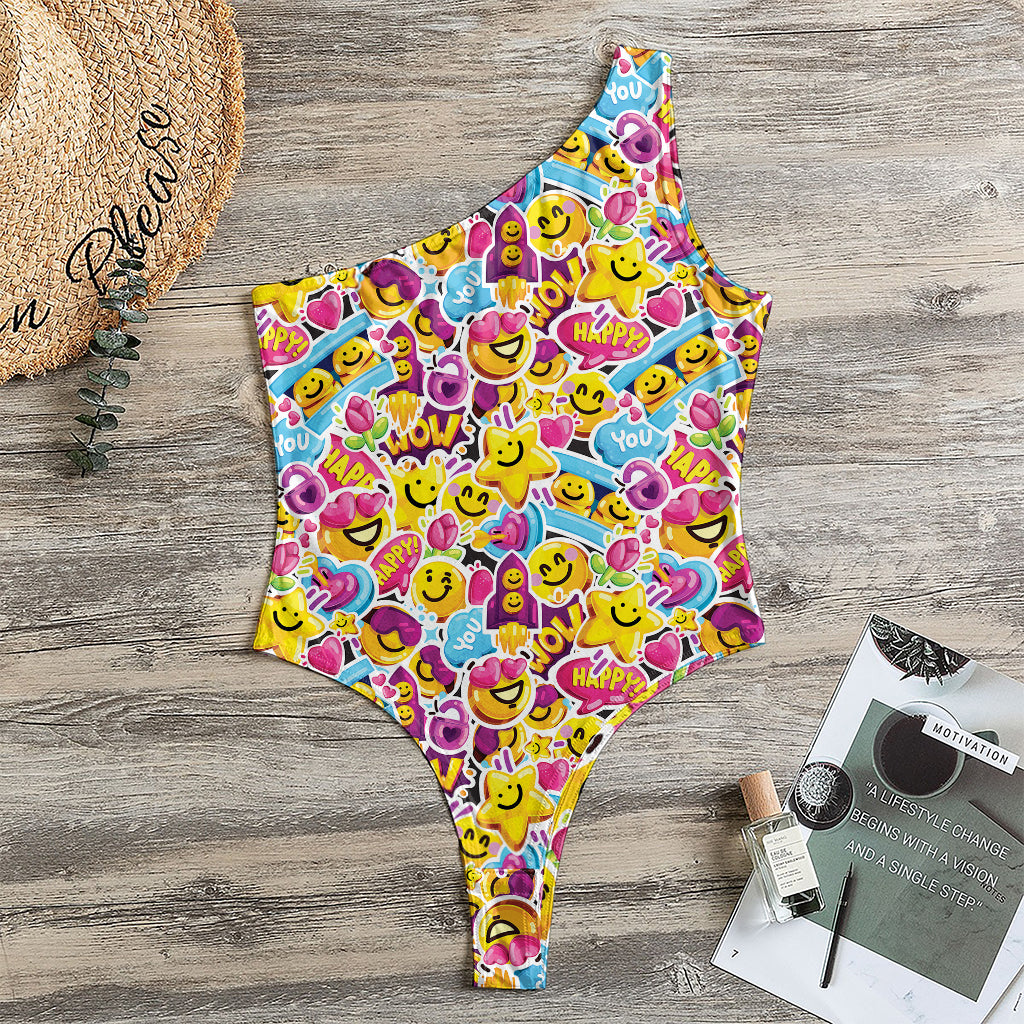 Smiley Faces Emoji Pattern Print One Shoulder Bodysuit