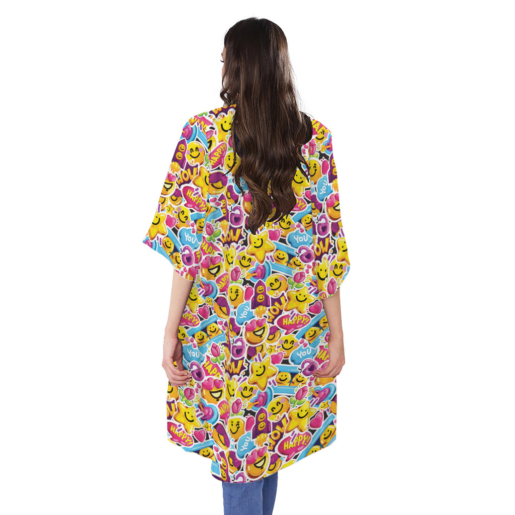 Smiley Faces Emoji Pattern Print Open Front Beach Cover Up