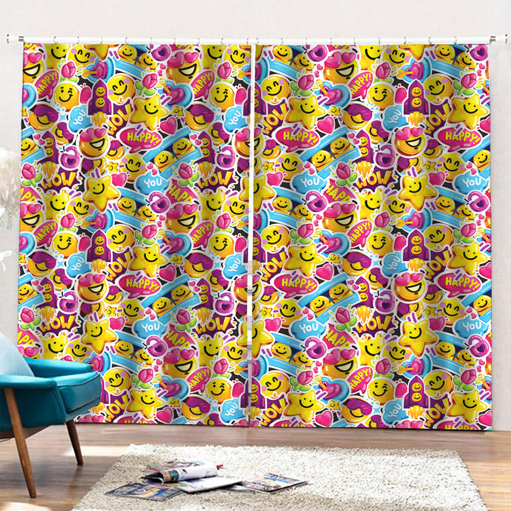 Smiley Faces Emoji Pattern Print Pencil Pleat Curtains