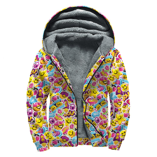 Smiley Faces Emoji Pattern Print Sherpa Lined Zip Up Hoodie