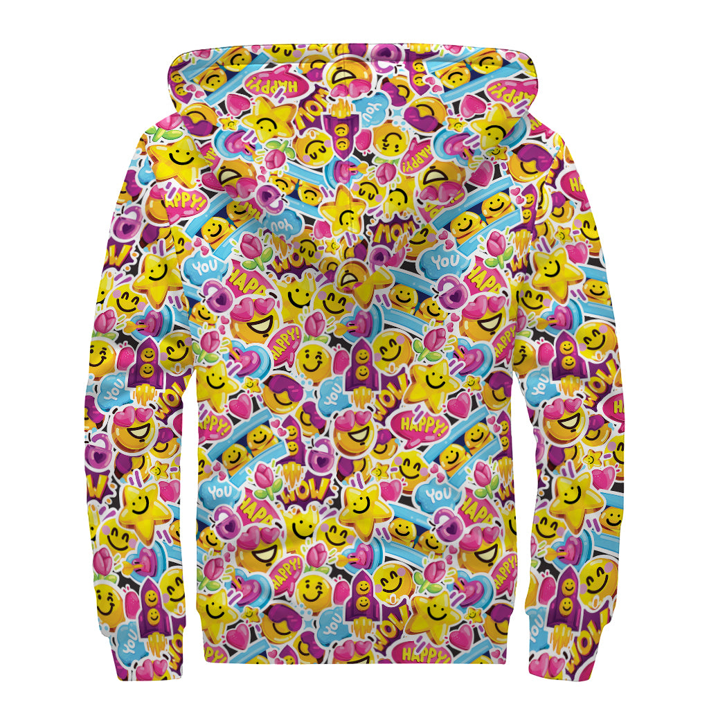 Smiley Faces Emoji Pattern Print Sherpa Lined Zip Up Hoodie