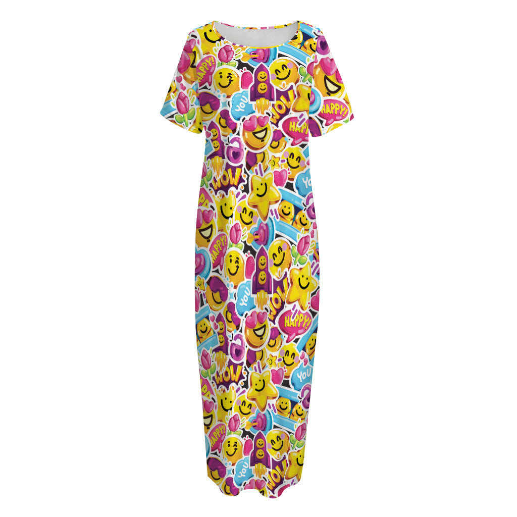 Smiley Faces Emoji Pattern Print Short Sleeve Long Nightdress