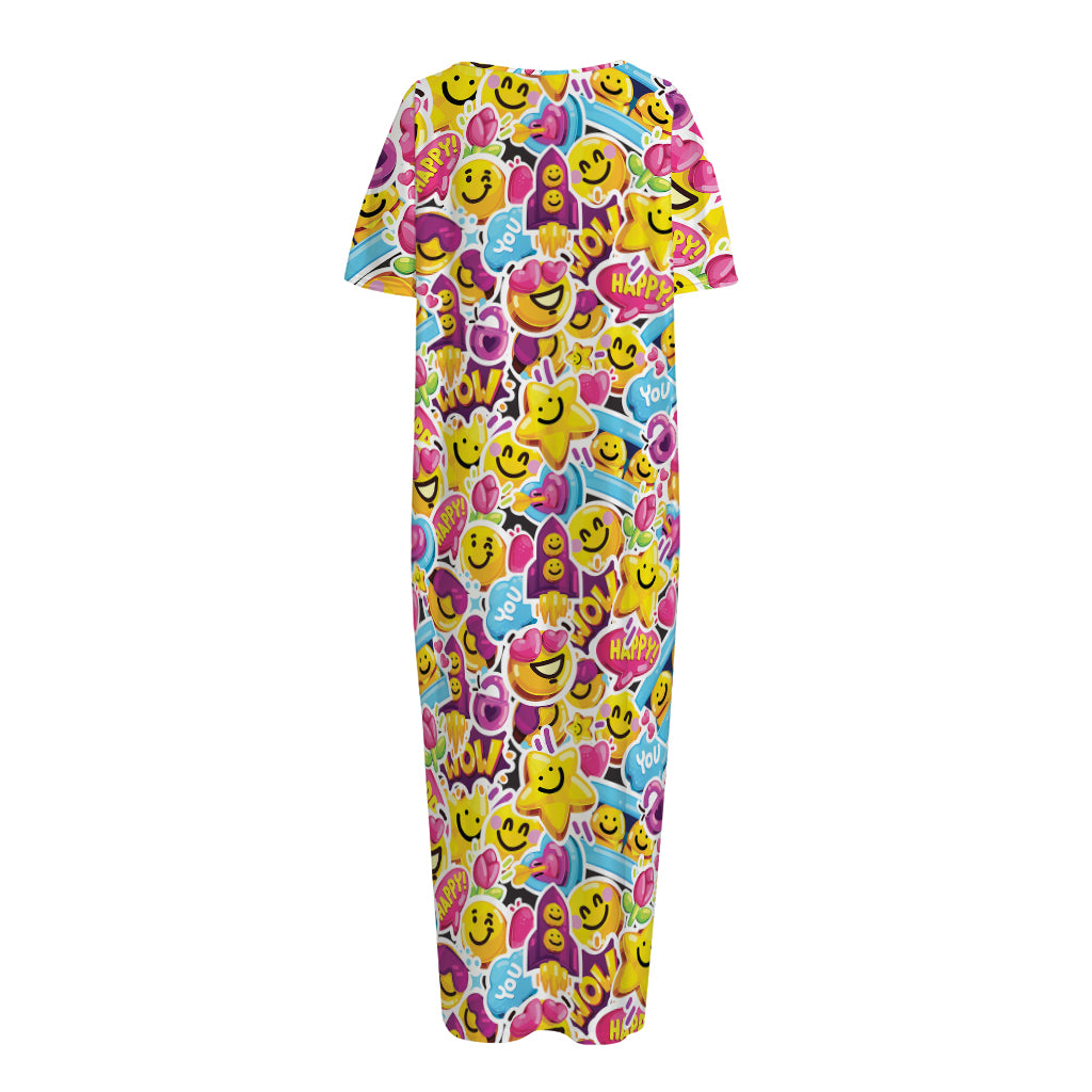 Smiley Faces Emoji Pattern Print Short Sleeve Long Nightdress