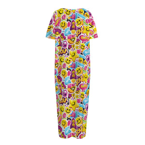 Smiley Faces Emoji Pattern Print Short Sleeve Long Nightdress