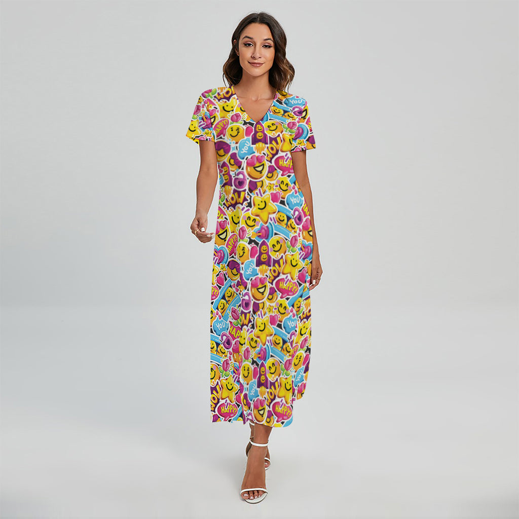 Smiley Faces Emoji Pattern Print Short Sleeve Maxi Dress